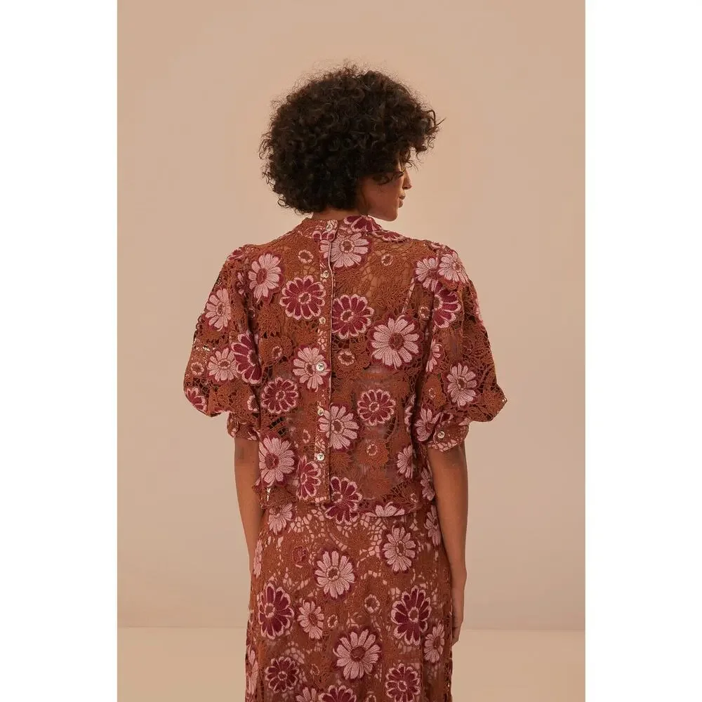 Farm Rio Gigi Tapestry Puff sleeve Guipure brown crochet blouse size XL